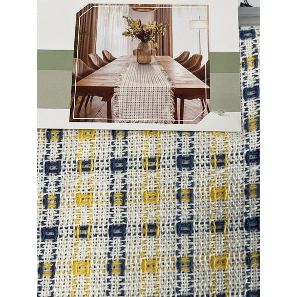 Room and Retreat NWT Table Runner 100% Cotton 14in x 72in Knit Plaid Yellow Blue - Picture 1 of 6